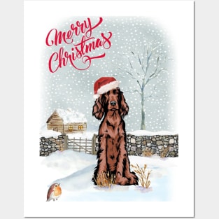 Red rish Setter Merry Christmas Santa Dog Posters and Art